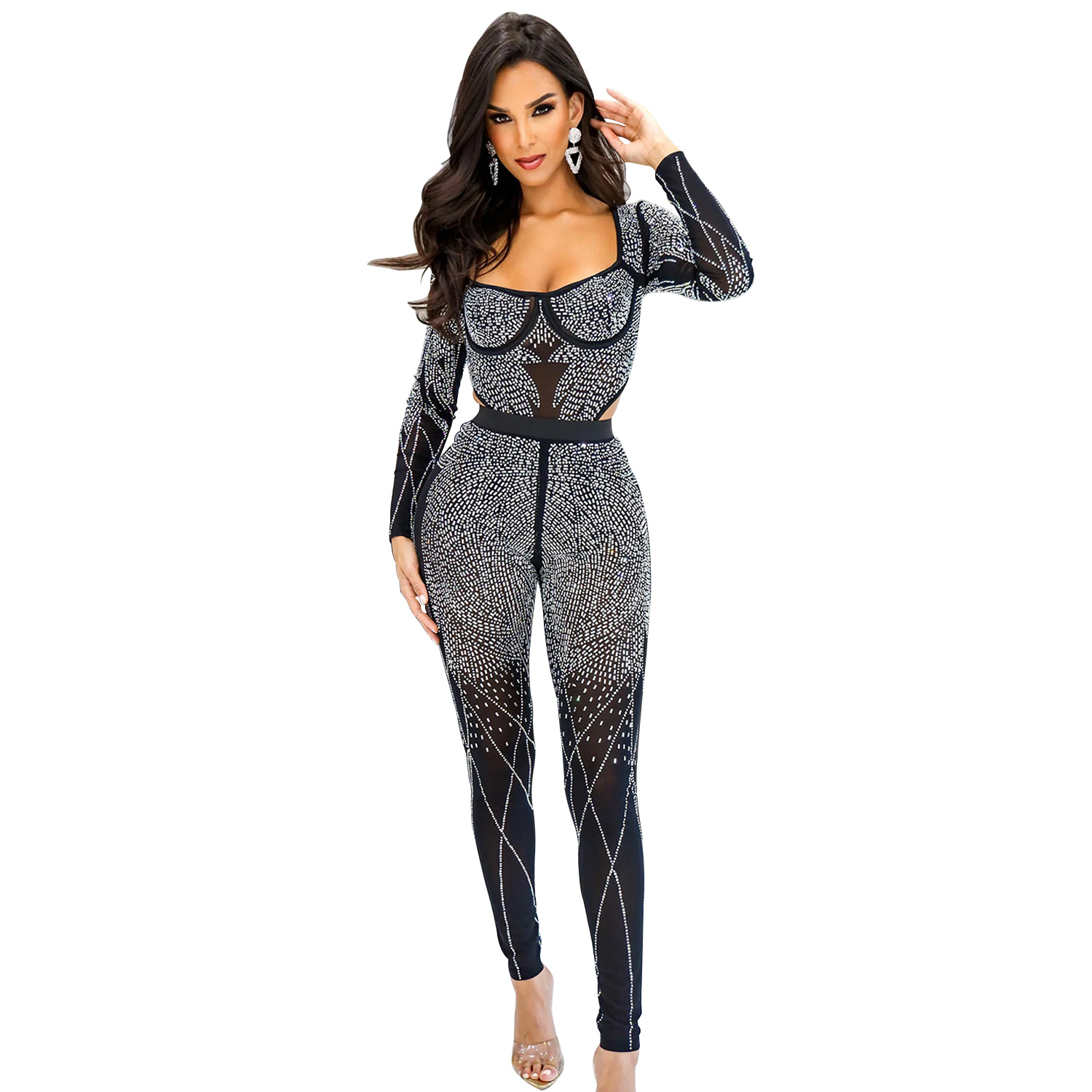 C6389 transfronteriza AliExpress Amazon Europa y América moda de las mujeres de color sólido malla rhinestone pantalones de manga larga mono
