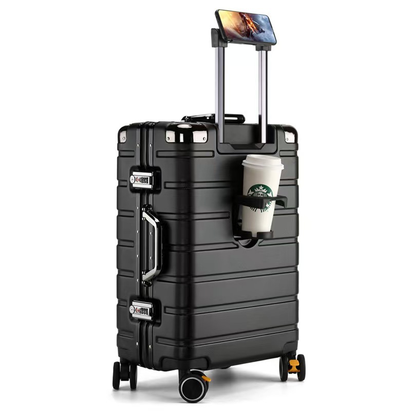Una pieza de caja trolley con marco de aluminio, maleta con rueda universal, caja de contraseña de carga resistente a los arañazos para mujer de 24 pulgadas, portavasos