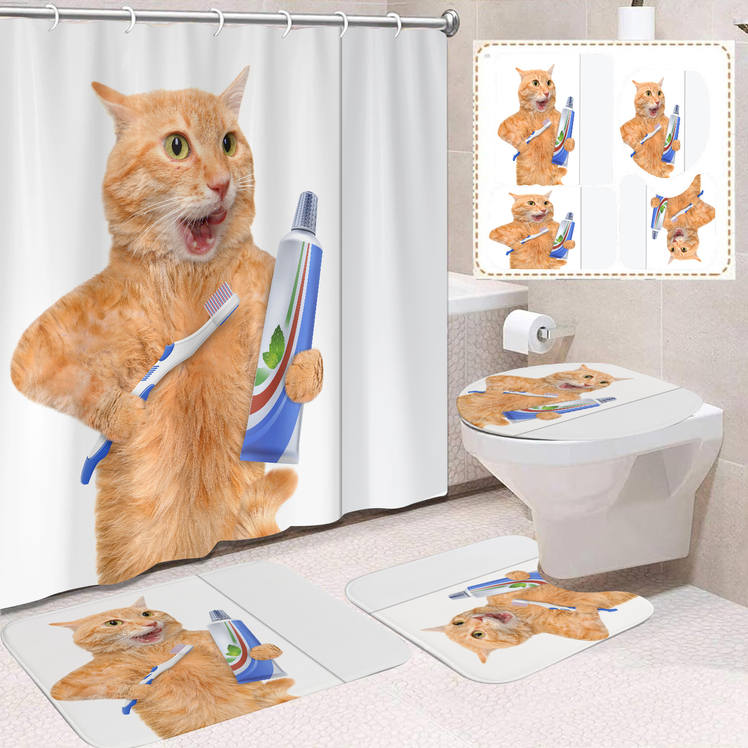 Fuente de fabricantes Amazon animales gatos niños cortina de ducha impermeable a prueba de moho cortina de ducha inodoro partición de baño divertido