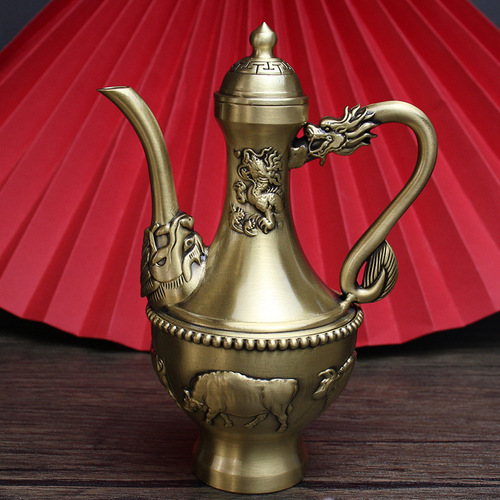 Brass dragon and phoenix wine pot home tabletop copper crafts ornaments pure copper double phoenix wine pot banquet wedding small copperware