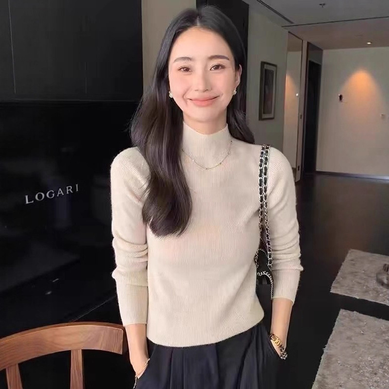 洋气纯色半高领修身内搭打底毛衣女装春秋2025新款正肩长袖针织衫|undefined
