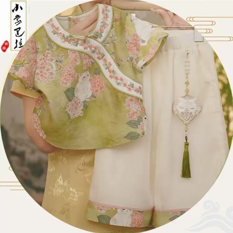 女童汉服夏季新中式古风套装2025新款儿童国风唐装短袖九分裤两件
