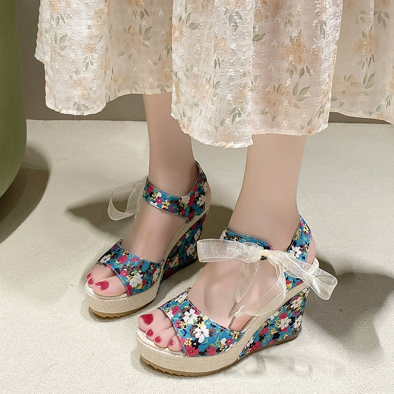 Богемные женские сандалии на толстой подошве на танкетке на высоком каблуке с рыбьим ртом, женские сандалии на платформе, торт, каблук, Цветочная лента, модные сандалии, оптовая продажа с фабрики