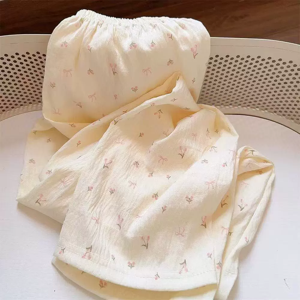 Японский осенний пижамный костюм, милый кардиган, длинный рукав, брюки, комплект, цветочный принт