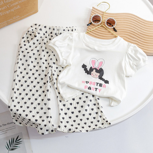 Children's Suit  New Cotton Girls Cartoon T-Shirt Cute Baby Love Anti-mosquito Pants Korean Version Two-piece Set