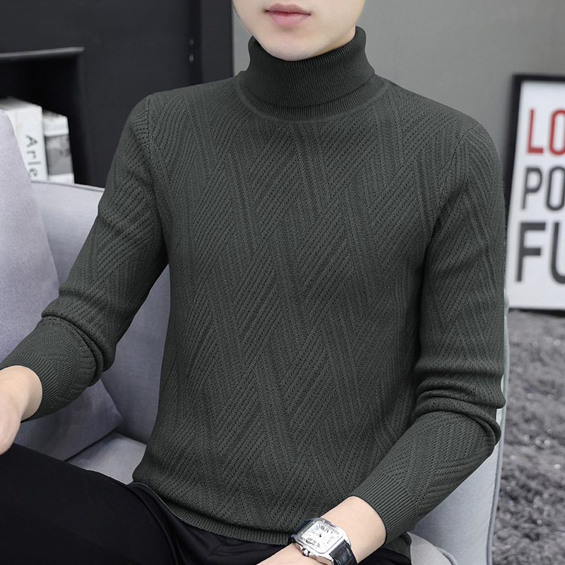 2026 Men's Turtleneck Sweater Autumn/Winter New Style Fleece-Lined Thickened Warm Textured Knitted Base Shirt Top Trendy Men's Clothing