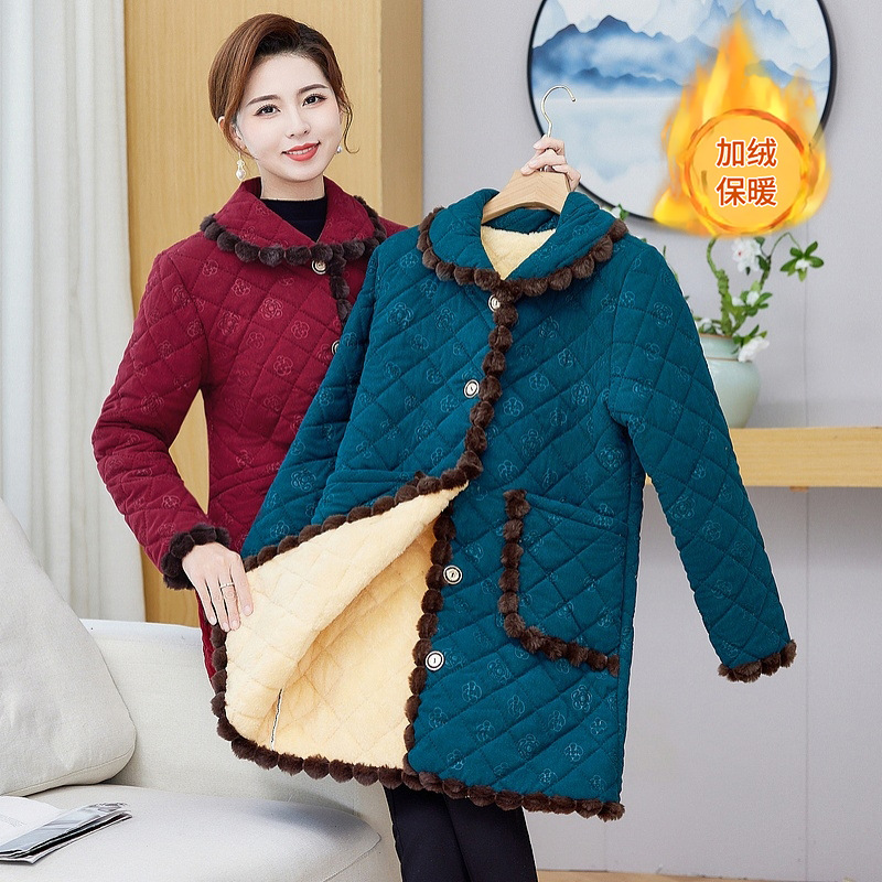 冬季妈妈加绒加厚棉衣中长款棉服中老年女装时尚洋气大码棉袄外套
