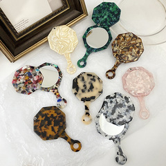 Creative Polygon Handheld Small Round Mirror, Acrylic Patterned Women's Dormitory Makeup Mirror, Fashionable Retro Touch-Up Mirror