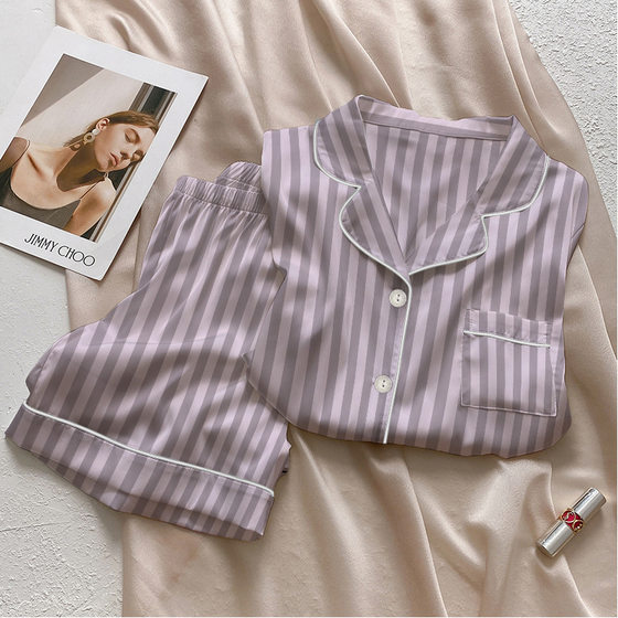 Simple striped summer ice silk short sleeve pajamas women's suit light luxury sweet taro purple white home clothes wholesale