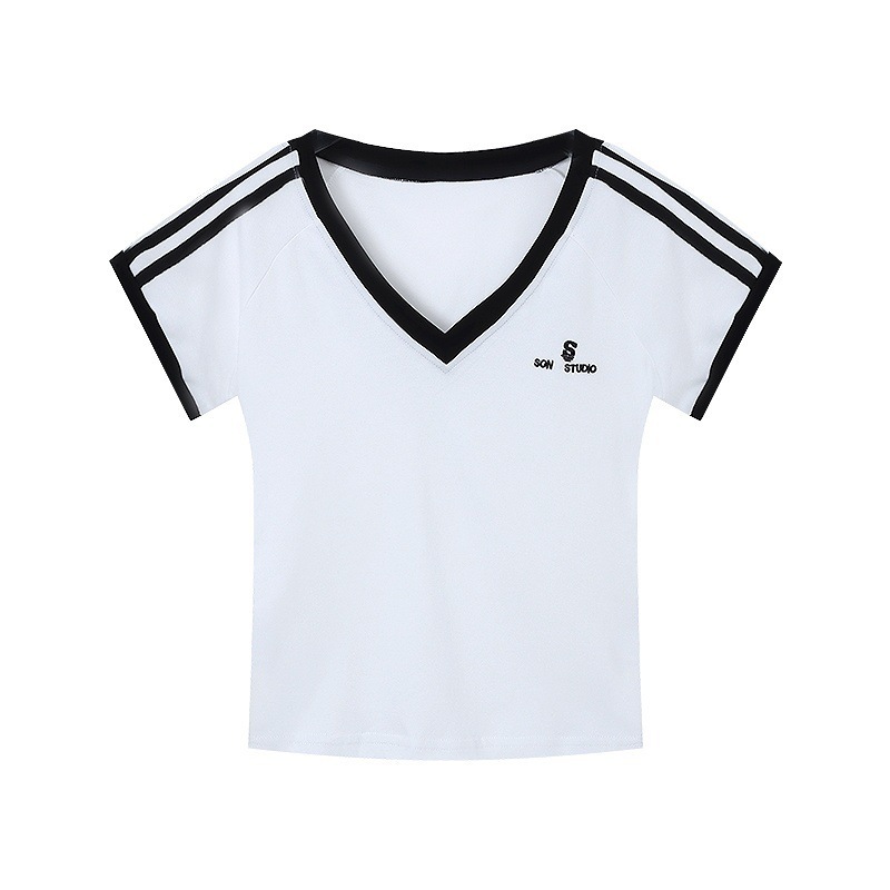純綿アメリカン V ネックショルダージャージ半袖 Tシャツ女性の夏の新しいウエスト痩身ホットガールスリムトップイン|undefined