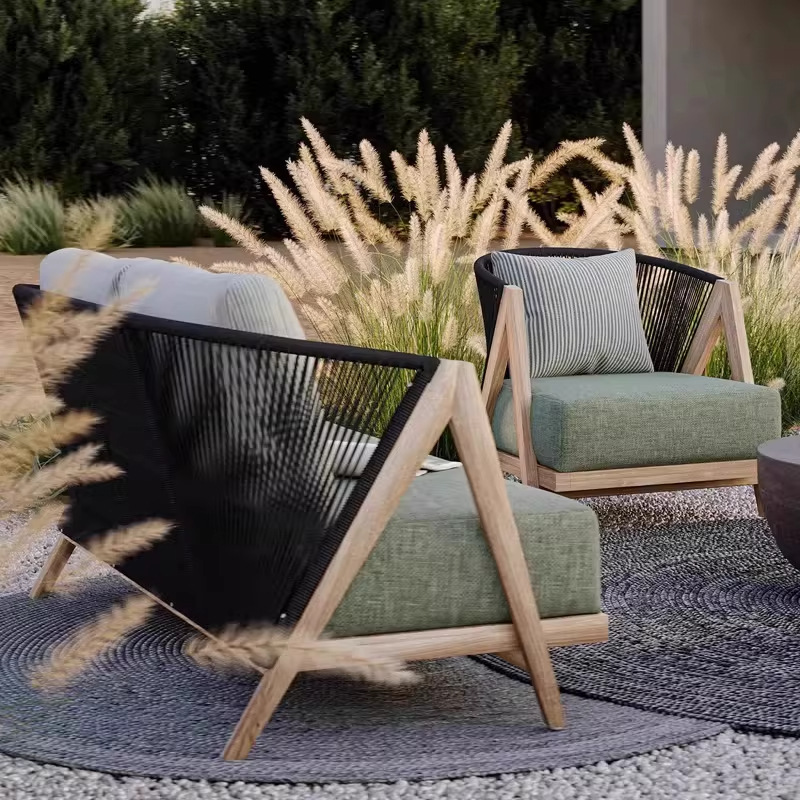 Sofá de teca al aire libre patio al aire libre villa jardín tela de caña anticorrosión mesa de té combinación de ocio al aire libre muebles de madera maciza