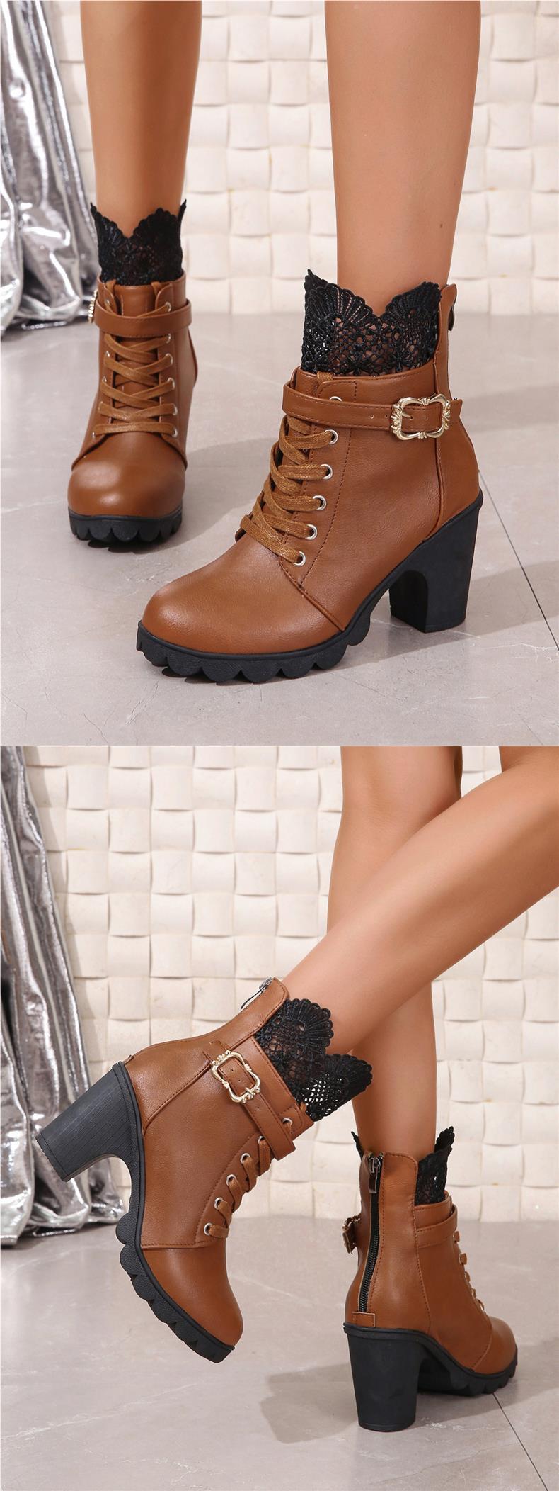 Short with belt buckles, high heels, round toe, lace straps, back zipper, thick soled women's boots_voghion.com