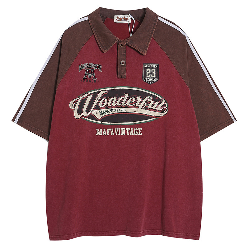 American Style Retro Old Stitching Contrast Color Short Sleeve POLO Shirt Men's and Women's Trendy Brand Street College Style Couple's Heavy Top