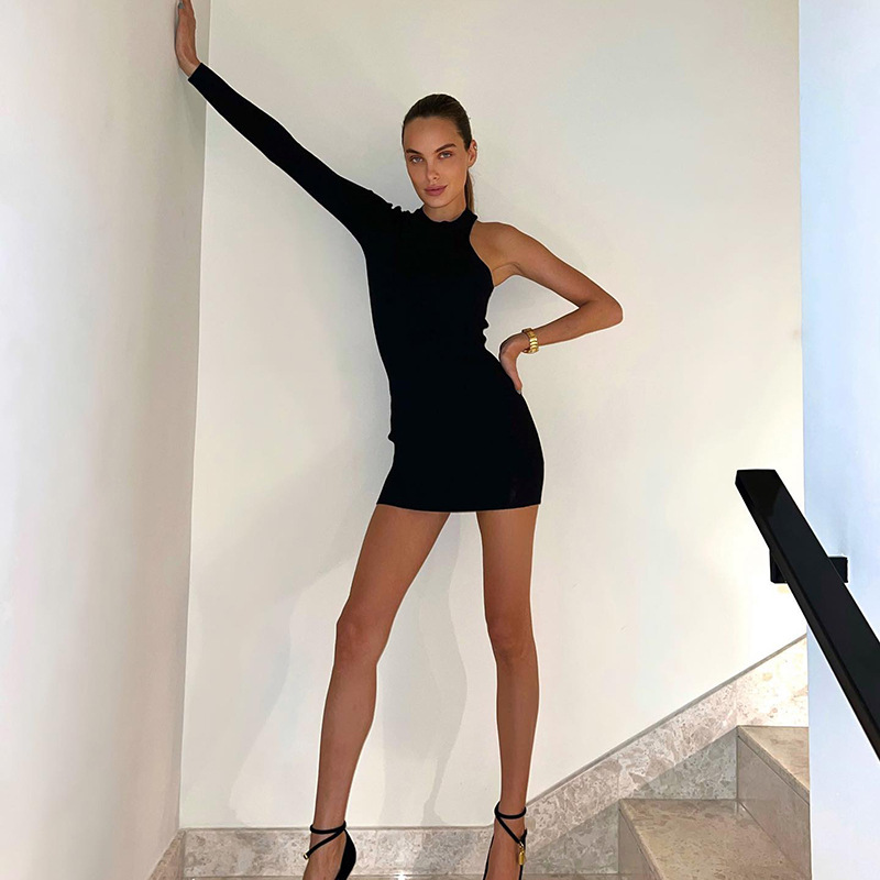 Fashion Solid Color Round Neck Long Sleeve Patchwork Spandex Polyester Above Knee A-Line Skirt