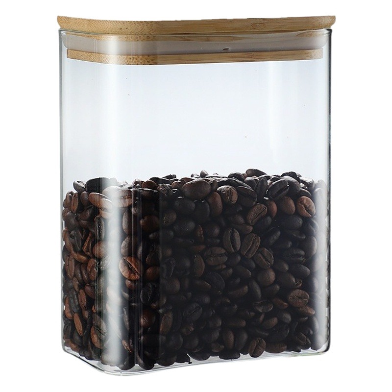 Tanque de almacenamiento de vidrio rectangular al por mayor Tanque de almacenamiento de vidrio de borosilicato Tarro sellado Tarro de té Tarro de bambú