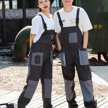 四季上班耐磨连体工作服男机汽修护膝大口袋松紧劳保背带裤