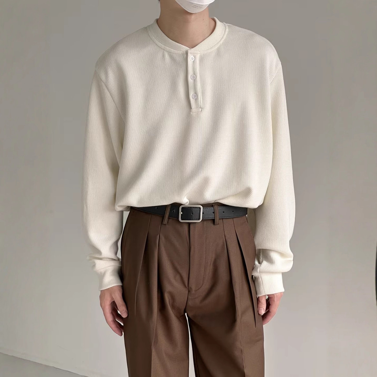 Herrenbekleidung Langarm-T-Shirt, Waffelstrick-Henley-Langarm-T-Shirt für Herren - Strukturierter, lässiger Arbeitspullover mit Knopfleiste_voghion.com