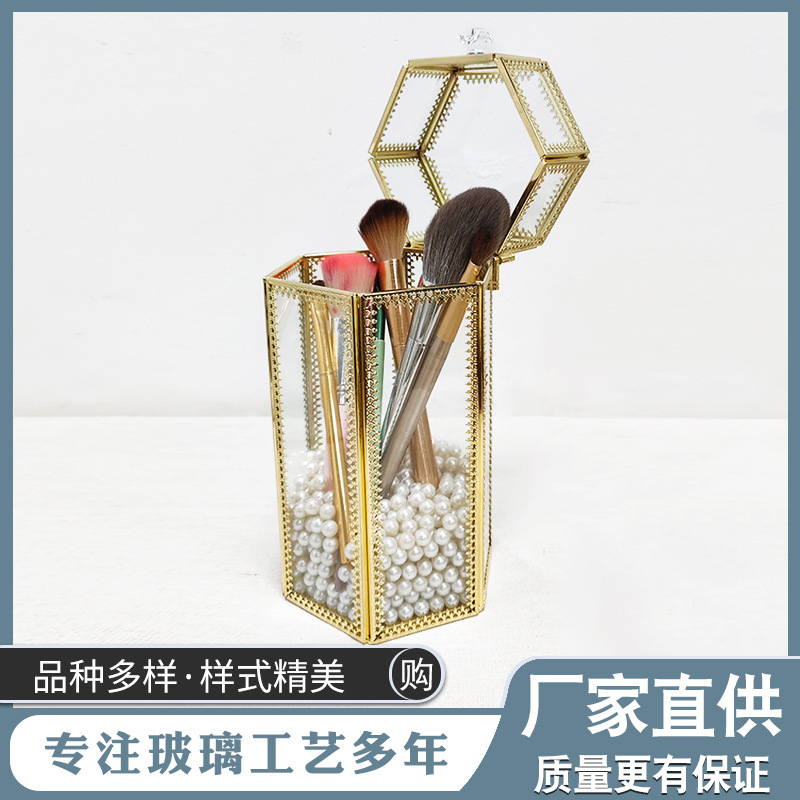 Trendy Instagram-Style Retro Dustproof Glass Makeup Brush Holder with Pearl Hexagonal Lid for Eyebrow Pencils and Eyeliner Pens