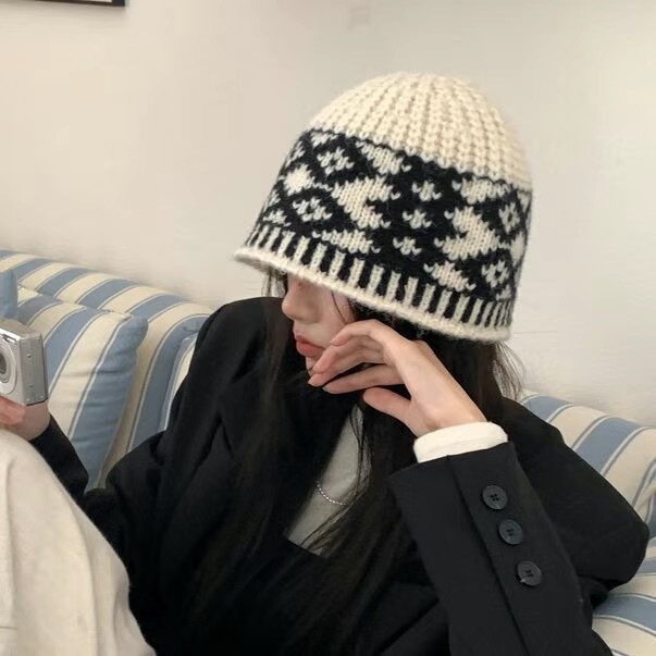 韩国新款小众设计感拼色菱形格针织渔夫帽女秋冬季毛线帽保暖帽子|undefined