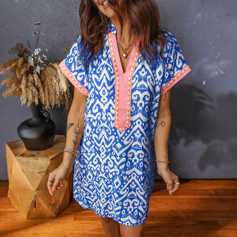 Cross-Border Dress for Women Amazon 26 Spring/Summer European and American Ethnic Style Geometric Pattern V-Neck One-Step Dress Cross-Border Dress for Women Amazon 26 Spring/Summer European and American Ethnic Style Geometric Pattern V-Neck One-Step Dress