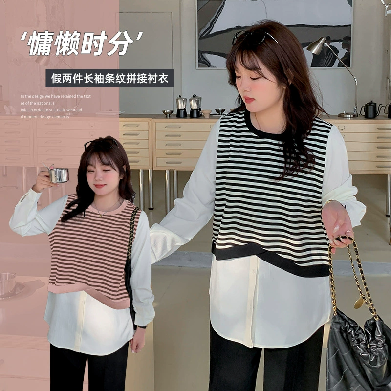 Женский дизайн большого размера поддельные две рубашки женский 2024 весна новый полосатый сшитый жилетный топ 120018