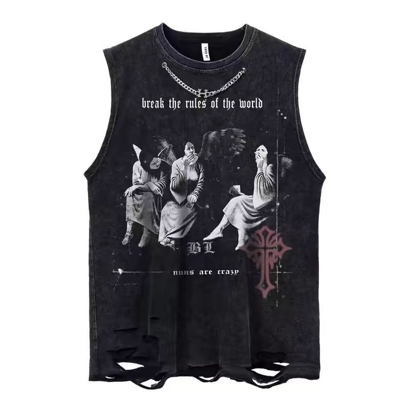 American-style Washed Old Vintage Rough Cotton Vest Men's Summer Instagram Popular Brand Loose Casual Street Sleeveless T-Shirt