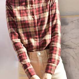 磨毛格子加绒打底衫女新款荷叶领保暖衬衫长袖内搭洋气上衣外套