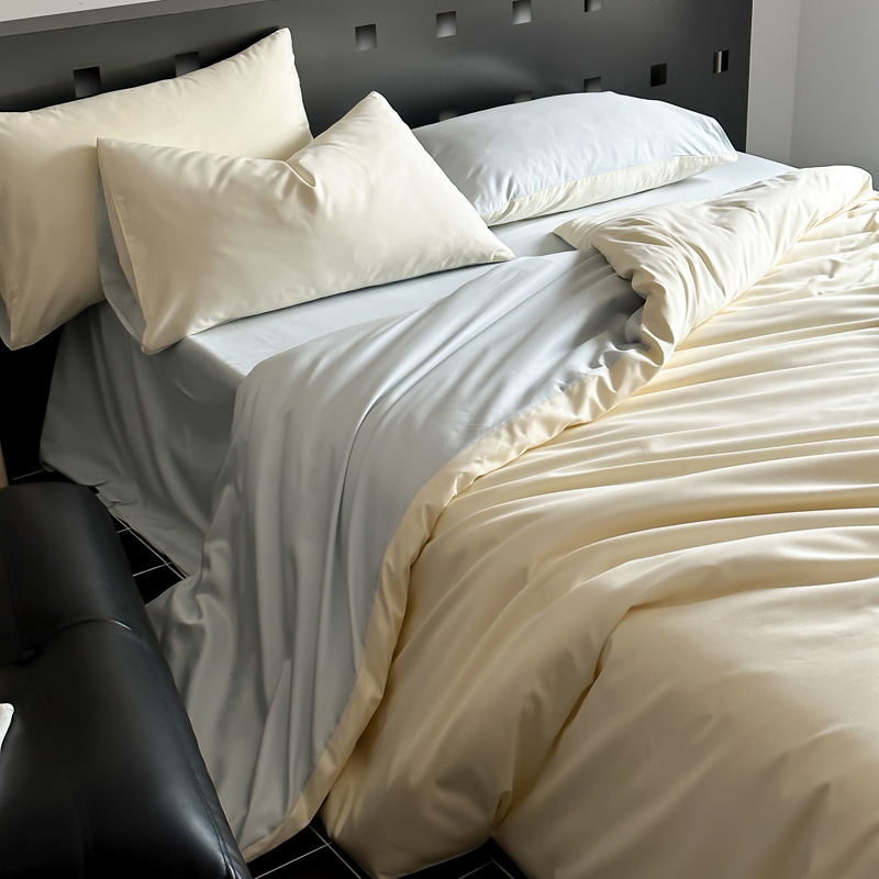 Nordic French Minimalist Retro Light Luxury Nordic 100S Satin Long-staple Four-piece Set, Simple Solid Color Pure Cotton Bed Duvet Cover, Fitted Sh_voghion.com