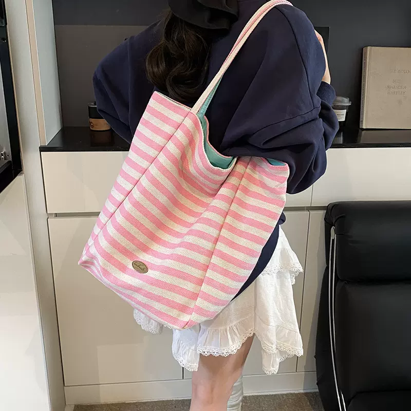 韩国新款大容量托特包ins撞色条纹学生上课单肩包亲子儿童妈咪包
