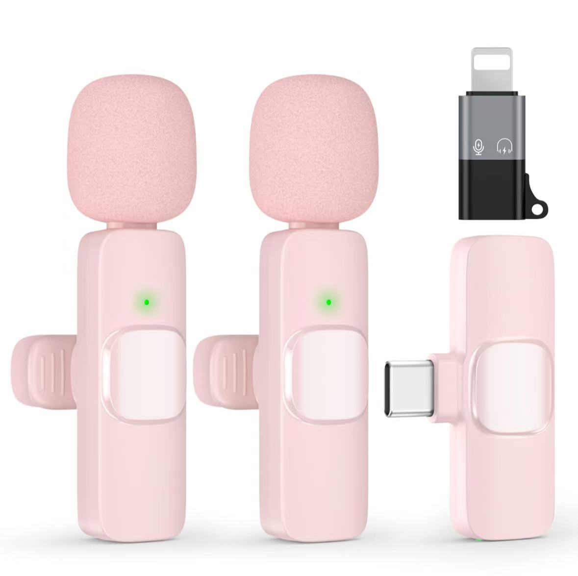 Micrófono de collar inalámbrico K15K9 rosa, un remolque, dos teléfonos celulares blancos, transmisión en vivo, reducción de ruido, micrófono de pelo