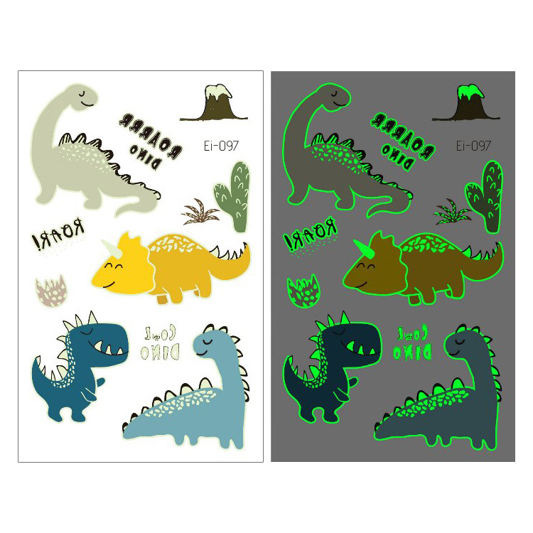 Suministro transfronterizo nuevo dinosaurio luminoso tatuaje pegatinas niños dibujos animados diversión pegatinas luminosas pegatinas temporales del tatuaje