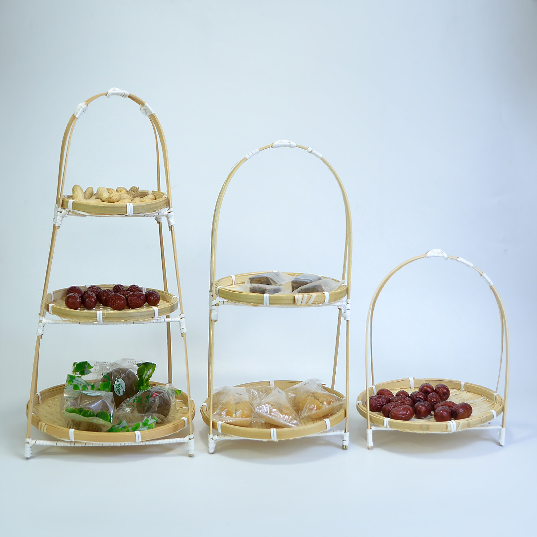 Cesta de bambú cesta de postre cesta de doble capa de pastelería de dos capas placa giratoria mesa de compromiso Cesta portátil restaurante estante de almacenamiento