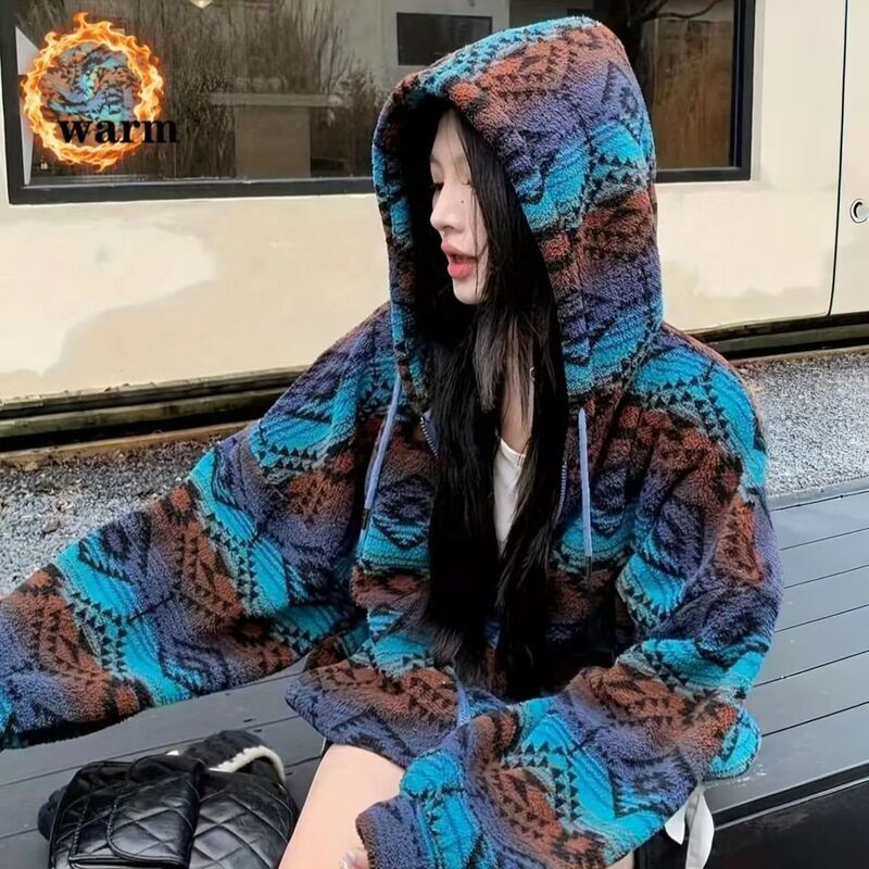Women's casual short double-sided fleece color-block plaid jacket, cardigan, hooded outerwear, 2026 autumn/winter new collection