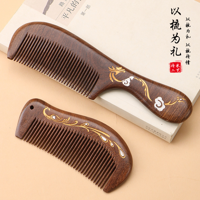 黒檀木製櫛、龍鳳彩画入り、静電気防止、髪をなめらかにするマッサージ櫛、母の日ギフト、ヘアケア|undefined