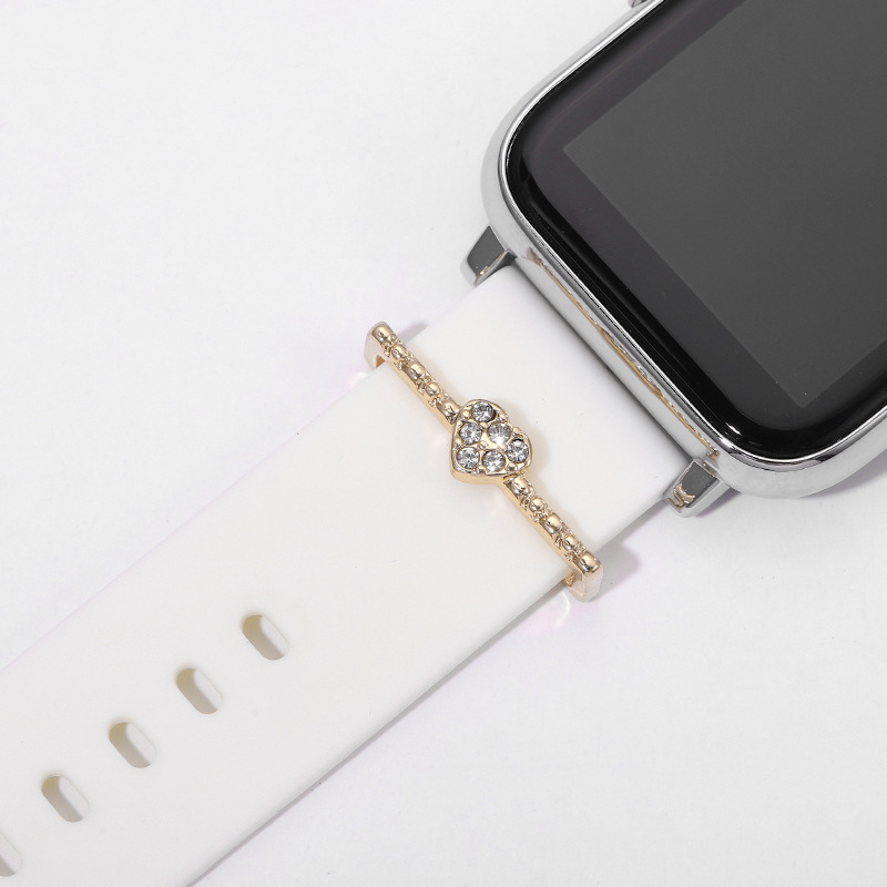 Anillo decorativo con forma de corazón incrustado con diamantes para correa de Apple Watch, estilo moderno y elegante