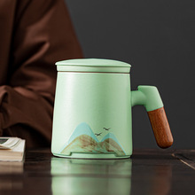 陶瓷办公杯粗陶带盖过滤泡茶杯茶水分离马克杯办公室喝茶喝水杯子