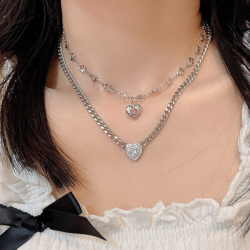 Pink Diamond Heart-Shaped Collarbone Chain Titanium Steel Inlaid with Diamonds Layered Necklace Niche Trendy Accessory Jewelry for Best Friends Korean Style Light Luxury