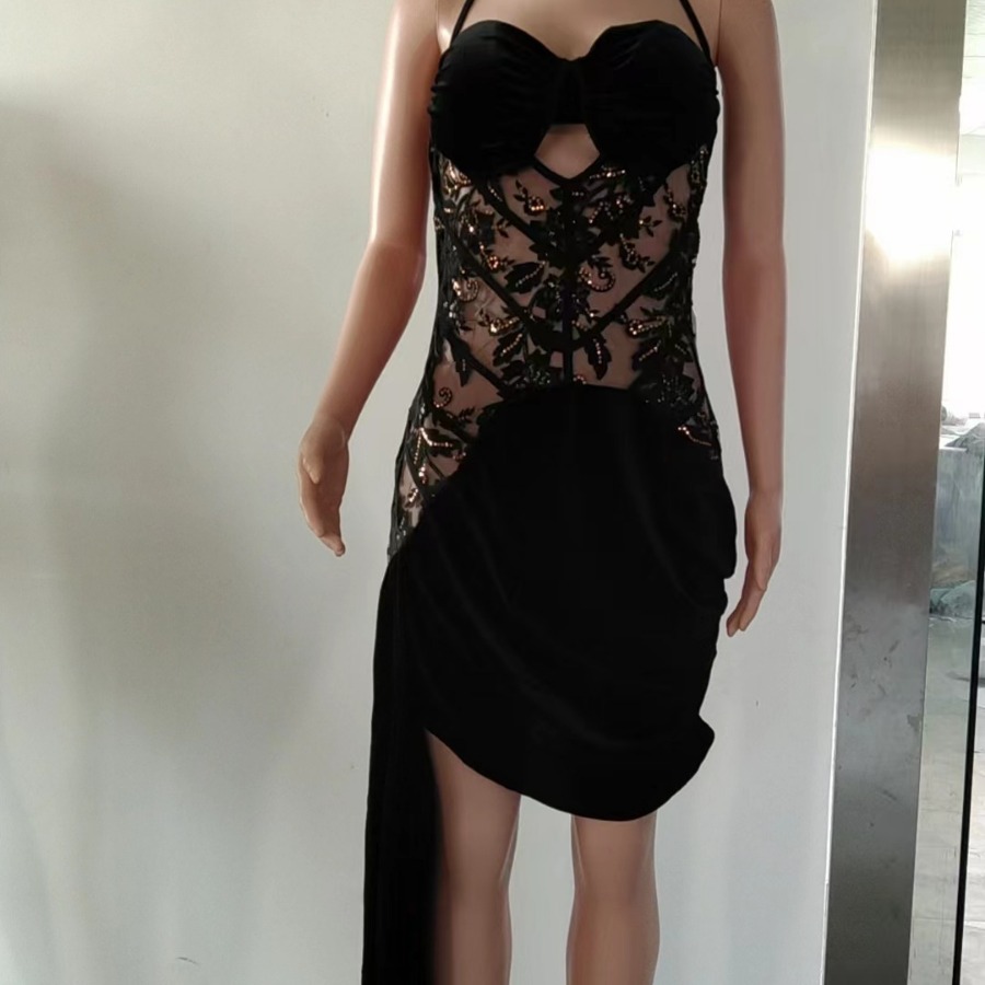 HX0153 Europeo y Americano transfronterizo de comercio exterior de Las Mujeres de encaje largo vestido de la princesa de la cola del club nocturno de terciopelo sexy vestido de la honda