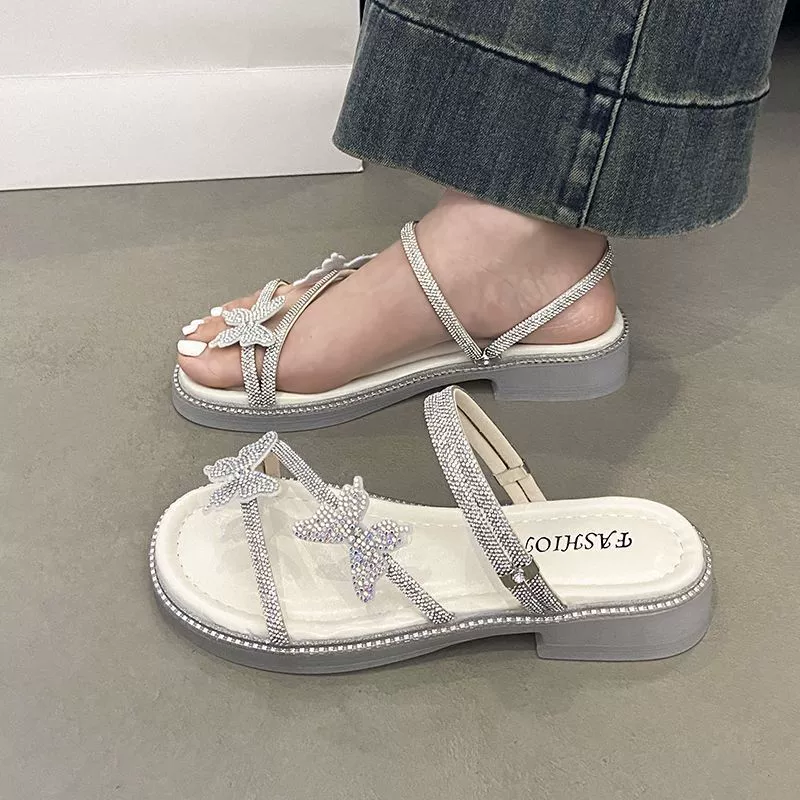 2024 летом носить новые красивые женские тапочки сетка красная пляжная бабочка со стразами