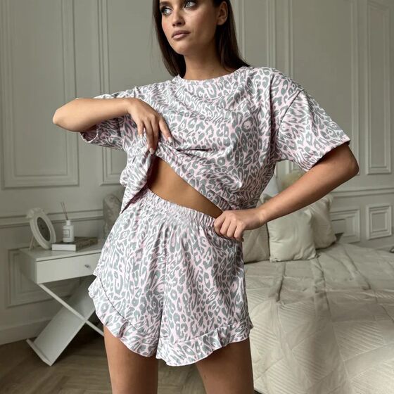пижама Cross-border Russian Explosions Women's Pajamas Printed Leopard Short-sleeved Shorts Home Clothes suit