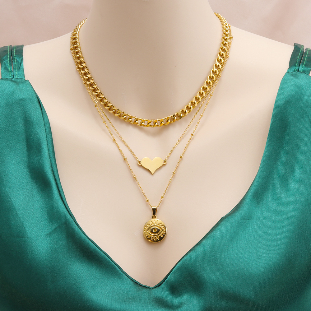 Retro Heart Shape Titanium Steel Plating Layered Necklaces 1 Piece