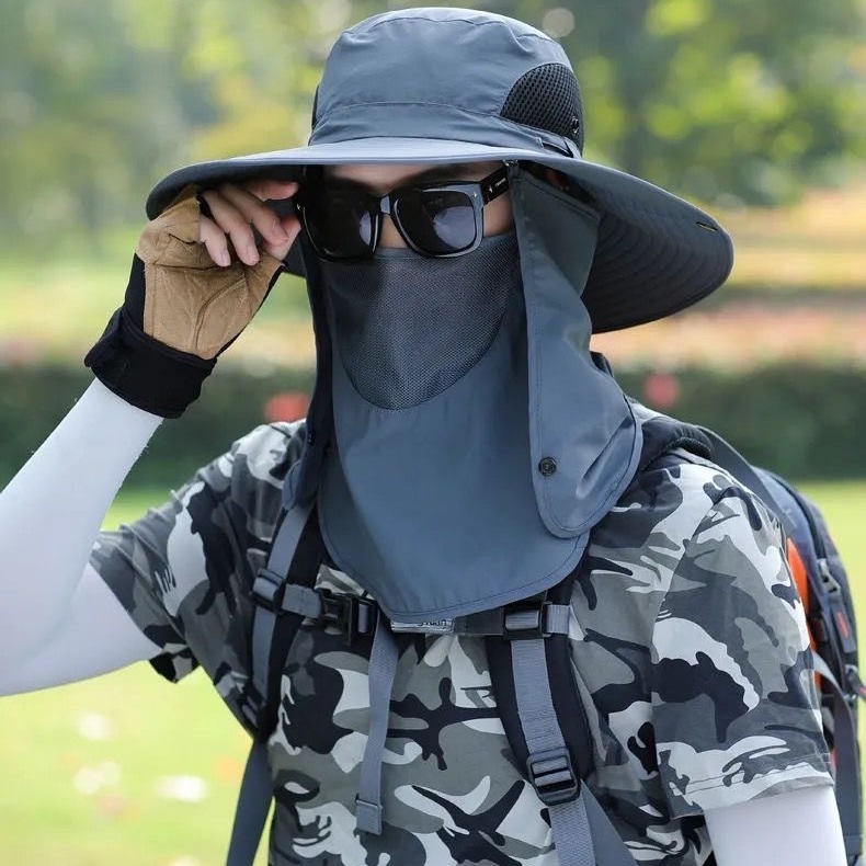 Sombrero para el sol de los hombres a prueba de rayos UV cubierta de ciclismo al aire libre cara completa sombrero superior vacío ala grande pesca protección solar transpirable máscara delgada