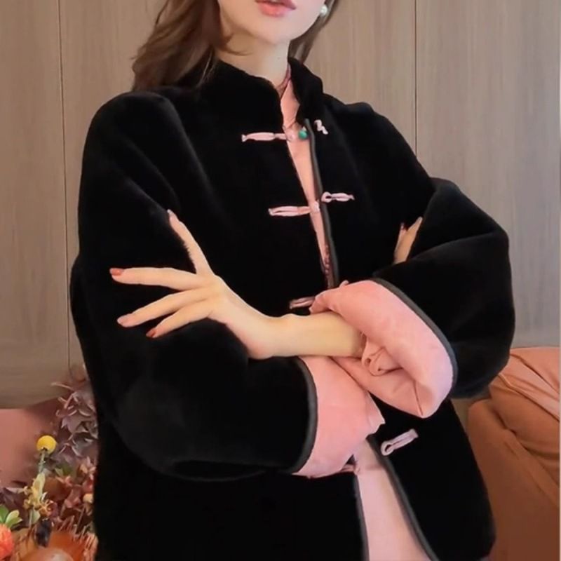 新中式国风唐装加绒加厚立领盘扣丝绒棉服黑色两面穿外套女秋冬季