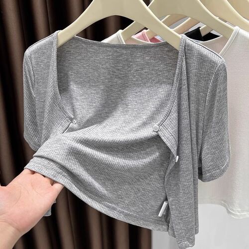 Modak Short Sleeve Shoulder Scarf Sun Protection Women's Summer Outerwear Ribbed Knit Cardigan Coat Thin Loose Cover Shirt Top