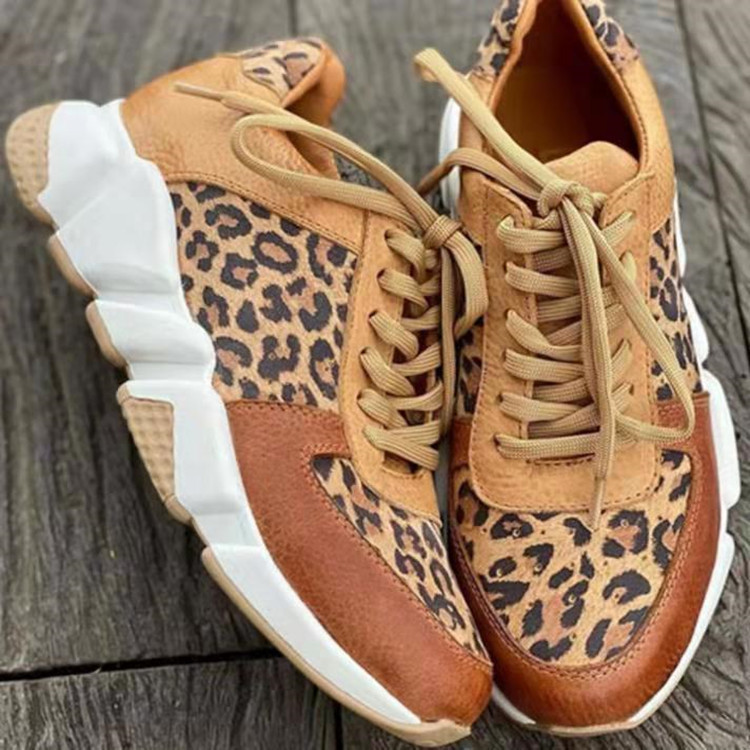 Foreign Trade Large Size Leopard Print Lace-Up Women's Shoes 2023 New Thick-Soled Round-Toe Low-Top Leopard Print Sports and Leisure Shoes for Women