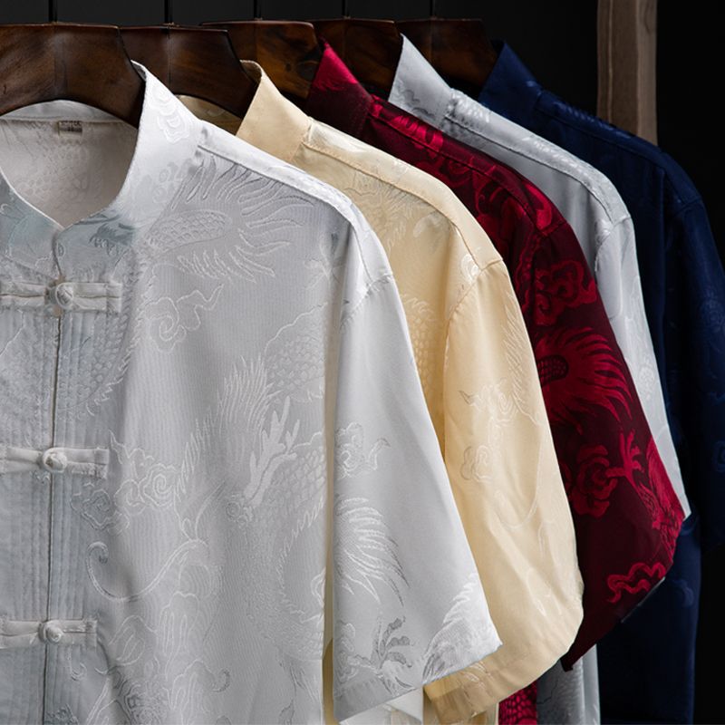 Ice silk Tang suit short-sleeved retro top summer middle-aged and elderly suit plus size father elderly new Chinese style grandfather summer clothes