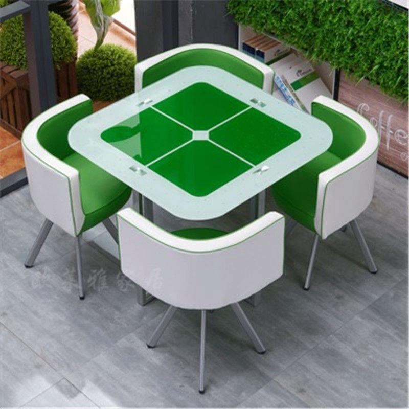 Mesa y sillas de comedor modernas, mesa redonda pequeña de vidrio templado, mesa y sillas para recepción y negociación, una mesa y cuatro sillas, cocina de inducción.