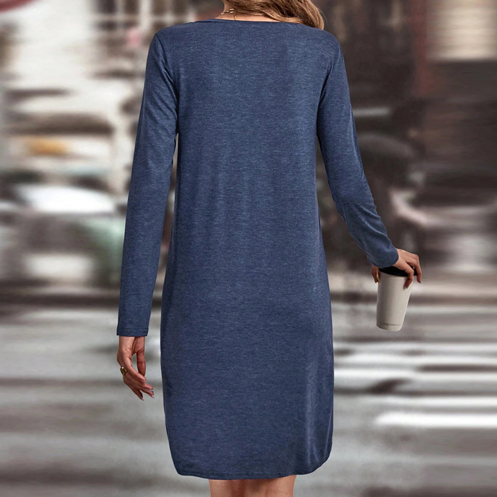 Autumn Winter Popular Women Clothing Loose Casual V neck Solid Color Long Sleeve Dress
