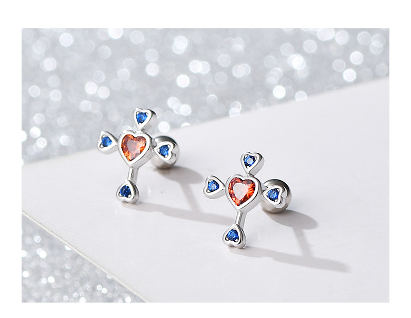 Simple Style Cross Heart Shape Silver Plating Inlay Zircon Ear Studs 1 Pair