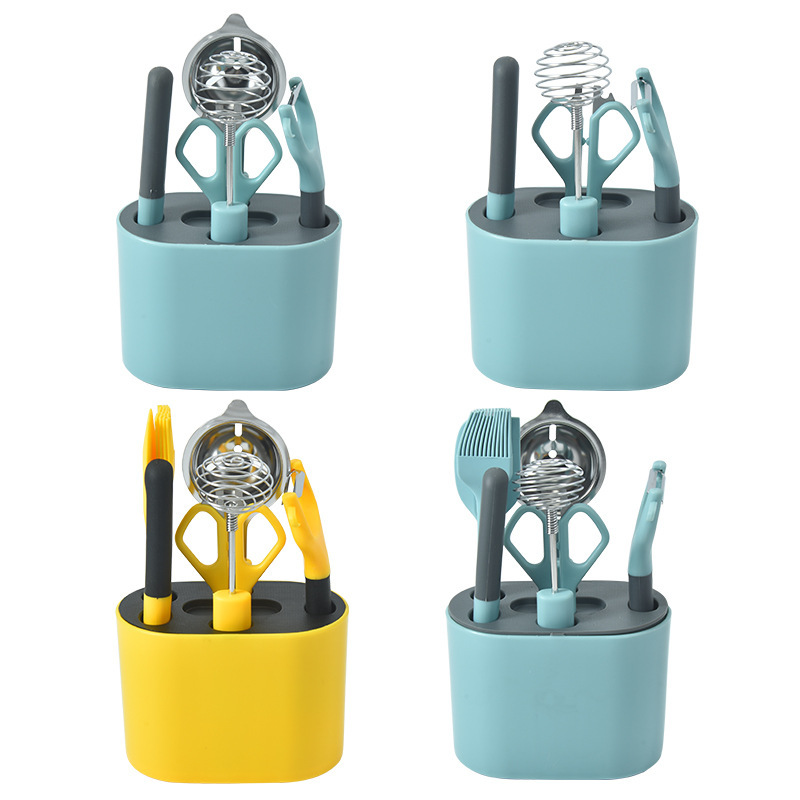 Kit de herramientas de cocina con asiento de almacenamiento tijeras cuchillo de frutas planador de melón herramientas de alimentos complementarios Kit de silicona de cocina